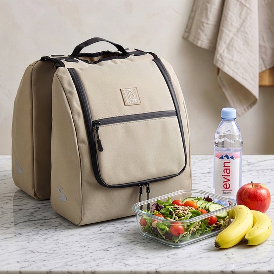 Brisby Dubbele Fietstas 28 Liter – Koeltas en Lunchtas – 4-laags Geïsoleerd – Voor Gewone en Elektrische Fiets – Waterafstotend met Waterdichte Ritsen – Natural Champagne van Brisby — afbeelding 5