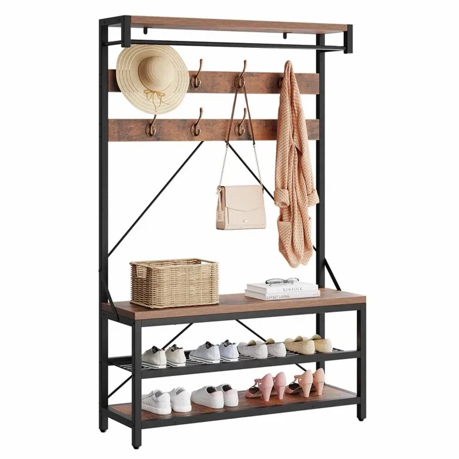 Heidat Kapstok met Schoenenrek - 2 Schoenenplanken – Kledingstang – Industrieel Bruin met Zwart - 102 × 40 × 183 cm