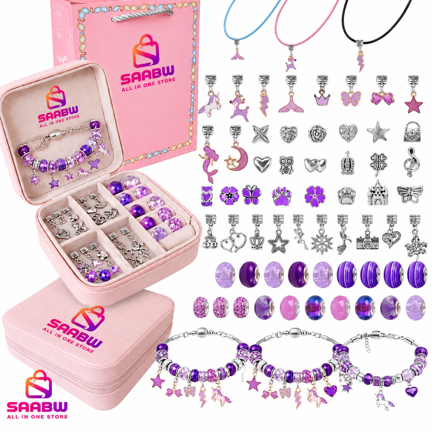 Armband en Ketting Maakset voor Kinderen 66-delig Paars – Sieraden Maken met Kralen en Bedels, Creatieve Knutselset in Opbergdoos met Cadeautasje, Cadeau voor Meisjes vanaf 3 Jaar –85043
