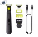 Philips OneBlade Pro 360 noir avec lame 360, sabot réglable, deux embouts et câble de charge USB.
