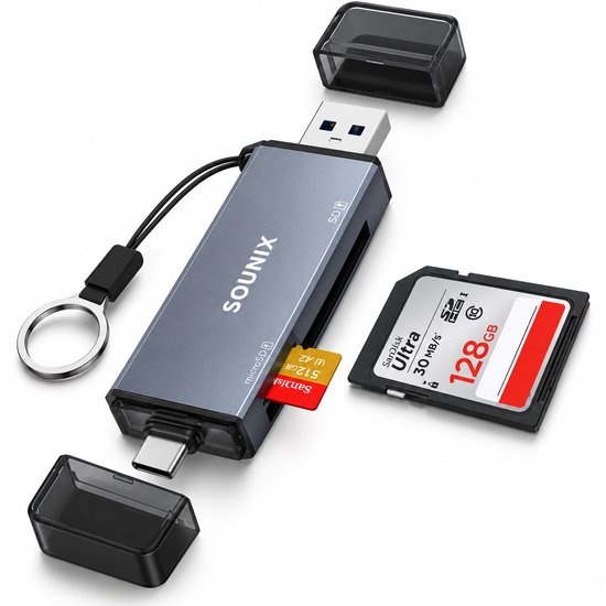 Grijze Sounix kaartlezer met SD- en microSD-sleuven, USB-A en USB-C aansluitingen, sleutelhanger en beschermkapjes.