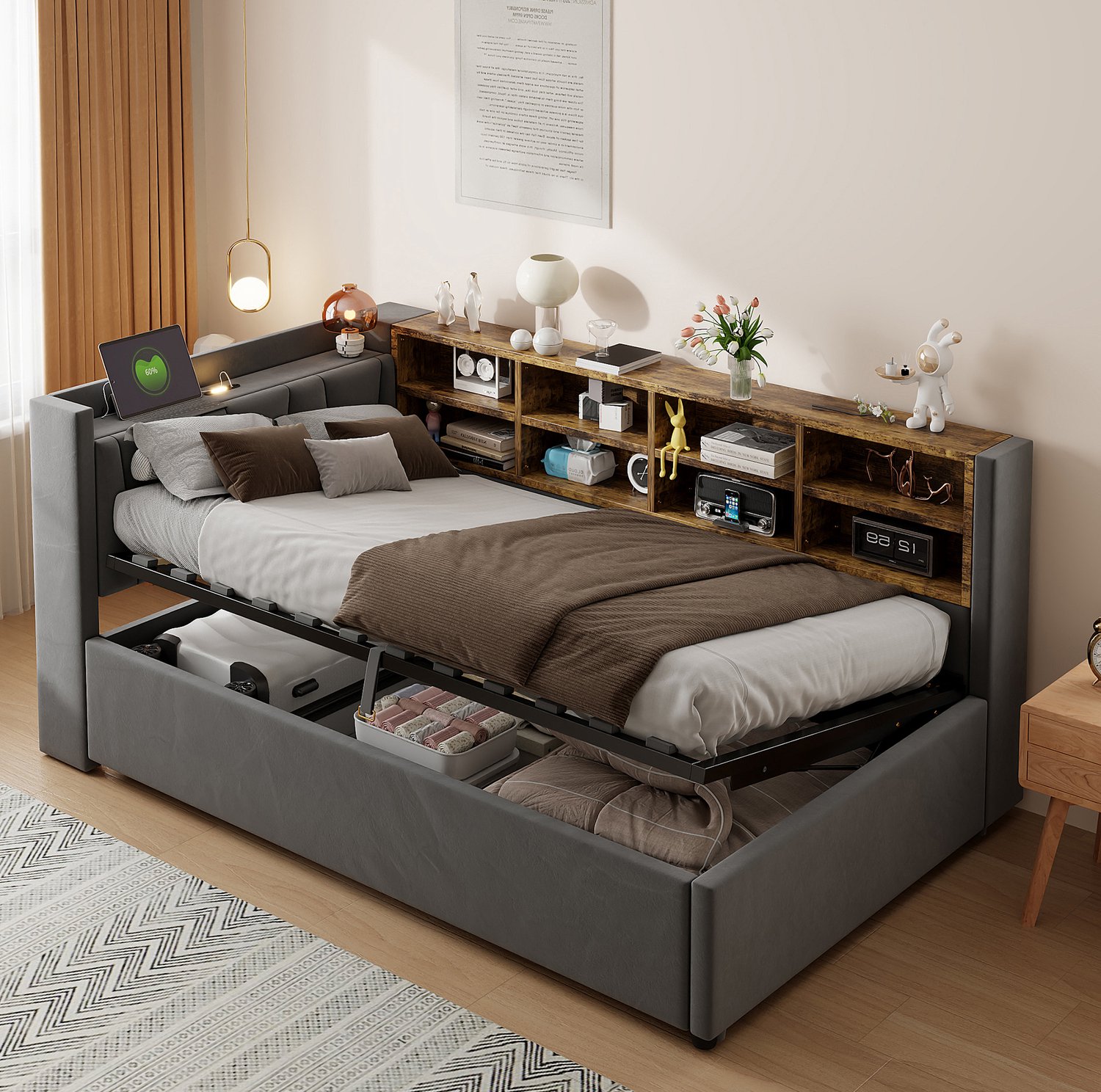 MIVRAY Slaapbank 90x200 cm - Met Opbergruimte, Nachtlamp En Oplaadpunten - Voor Kleine Ruimtes - Zonder Matras - Stof - Grijs