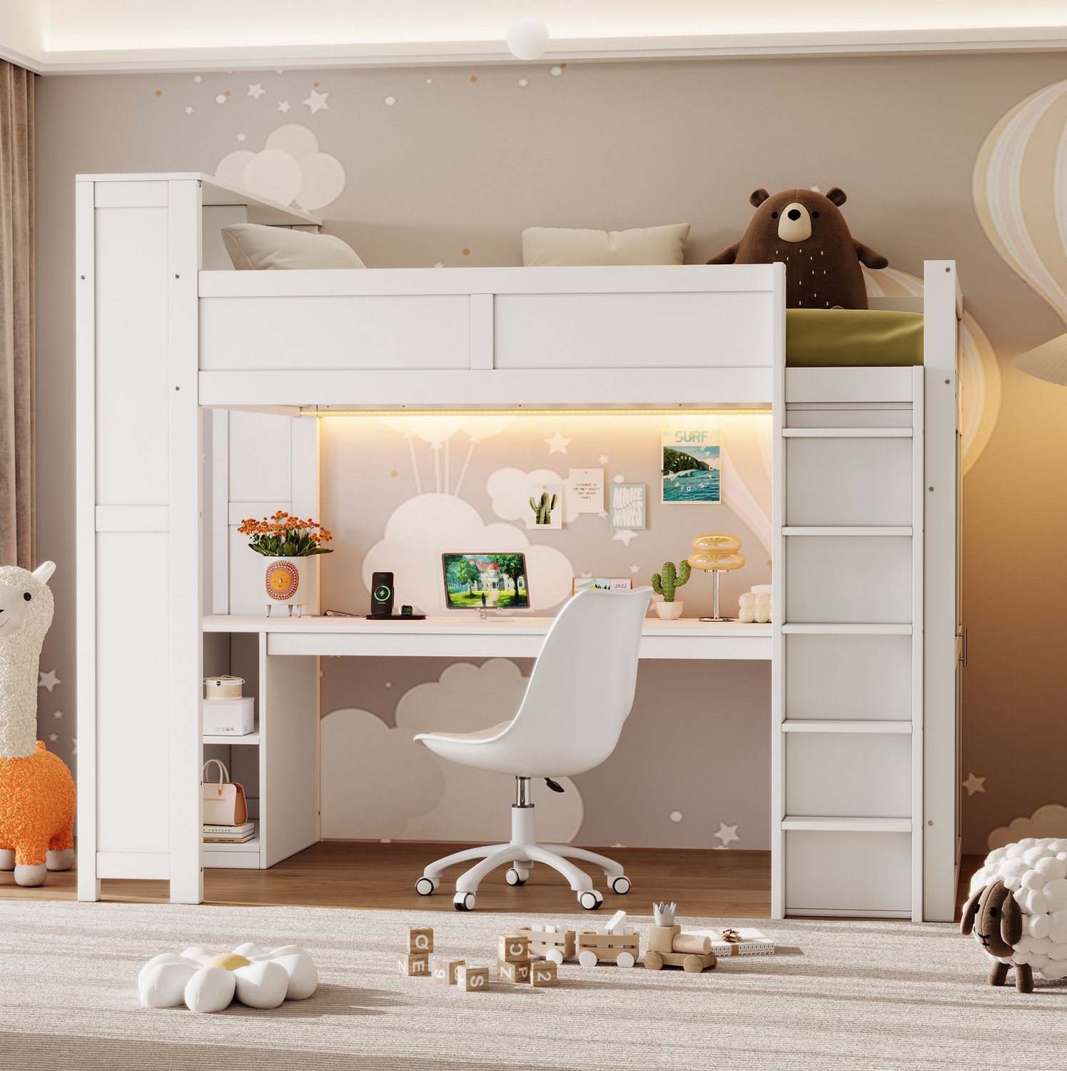 Wishdor Hoogslaper 90x200 cm - Bureau, kledingkast en USB-aansluiting - Opbergvakken met LED-verlichting - Lattenbodem met 15 latten - Kinderkamer - MDF en hout - Wit