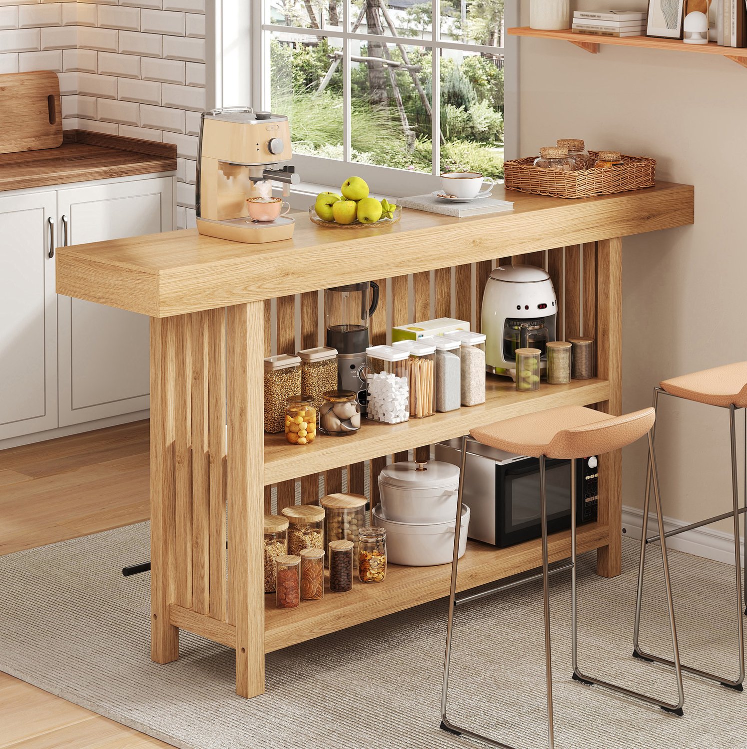 OKWISH Bartafel - Voetensteun En Tweelaags Rek - Voor Keuken, Eethoek En Thuisbar - MDF Naturel - 160 x 40 x 105 cm Natuurlijk