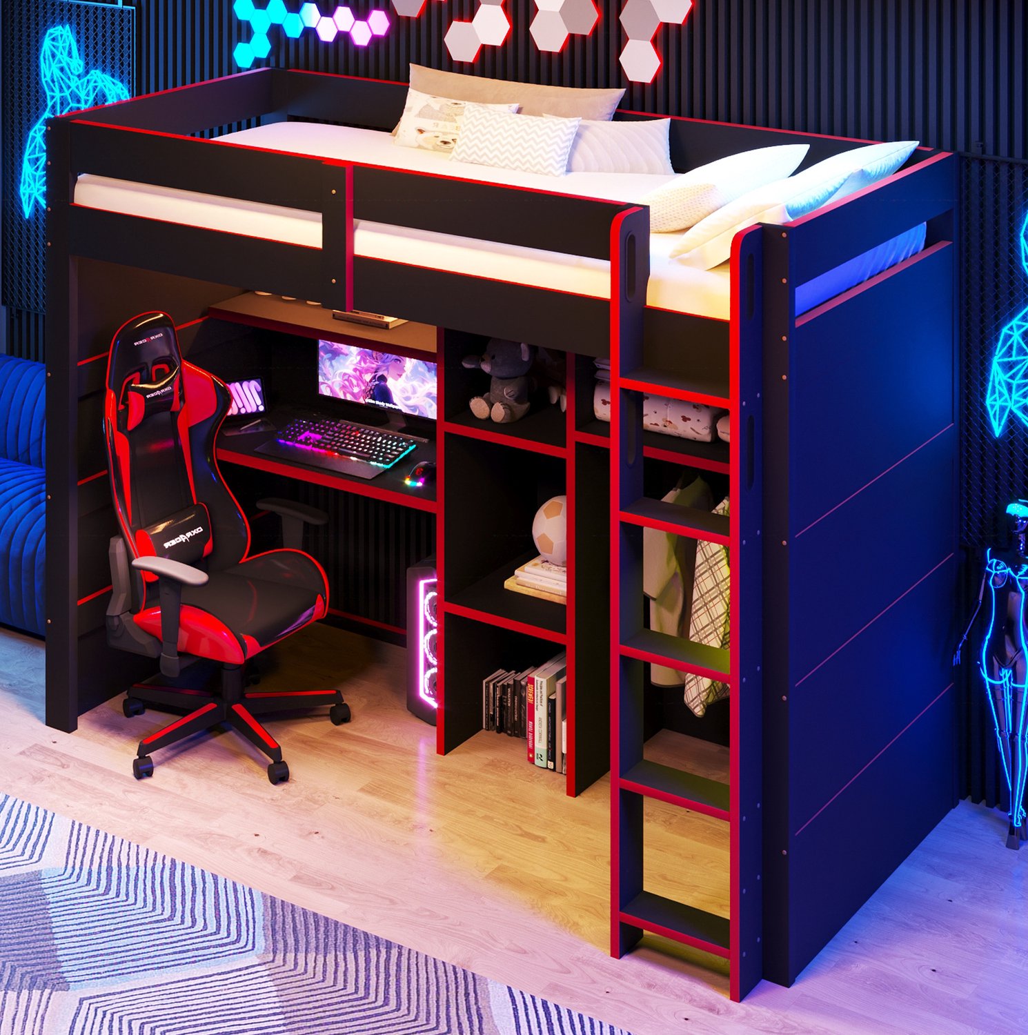 Wishdor Hoogslaper 90x200 cm - Bureau en open kledingkast - LED-verlichting en USB-oplaadpoort - Gamingstijl - Slaapkamer gamekamer - MDF en hout - Zwart rood
