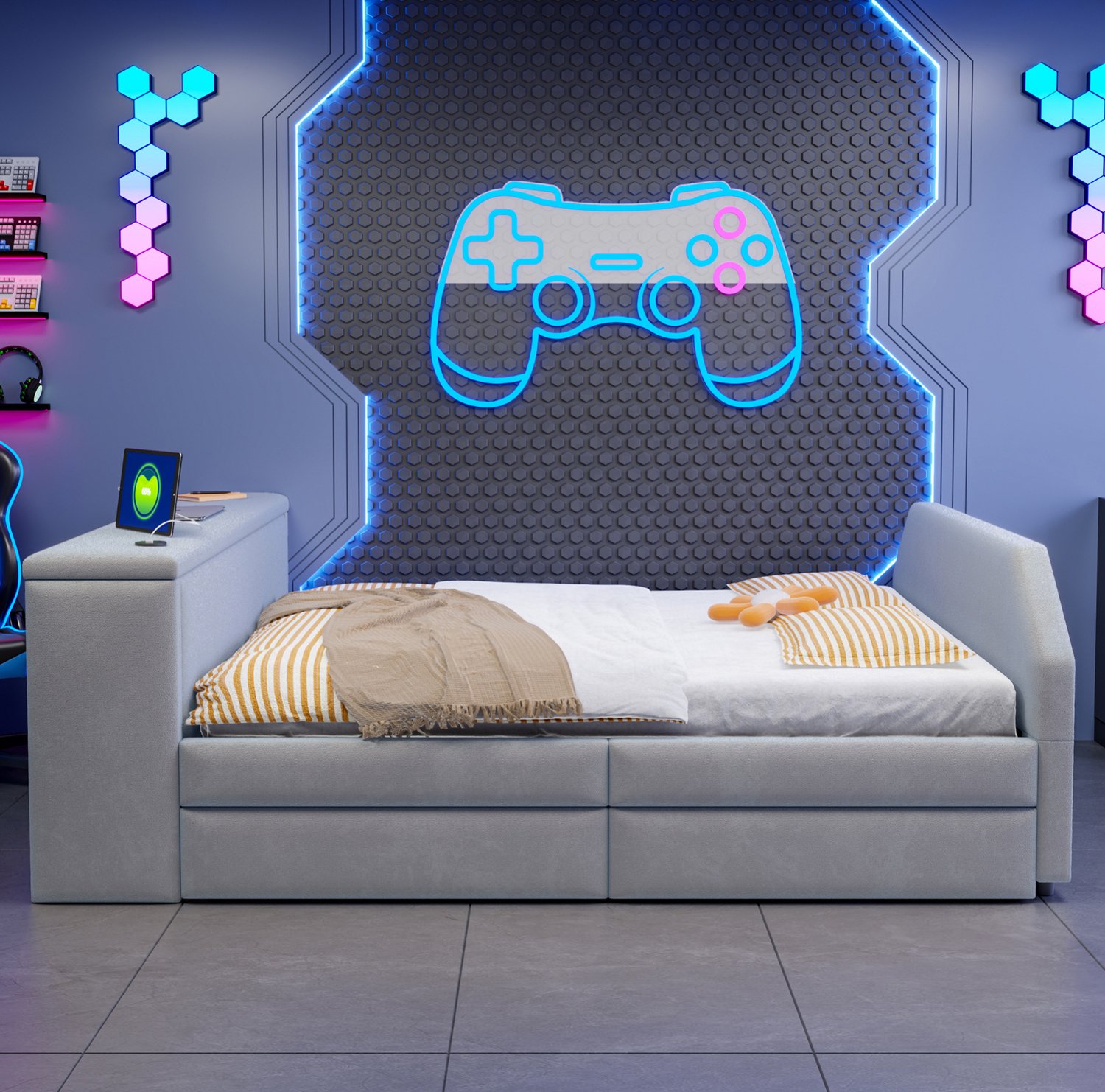 MIVRAY Kinderbed 140x200 cm - Gestoffeerd met Bureau, USB Laadpunt en Uitschuifbaar Logeerbed - Zonder Matras - Stof - Grijs