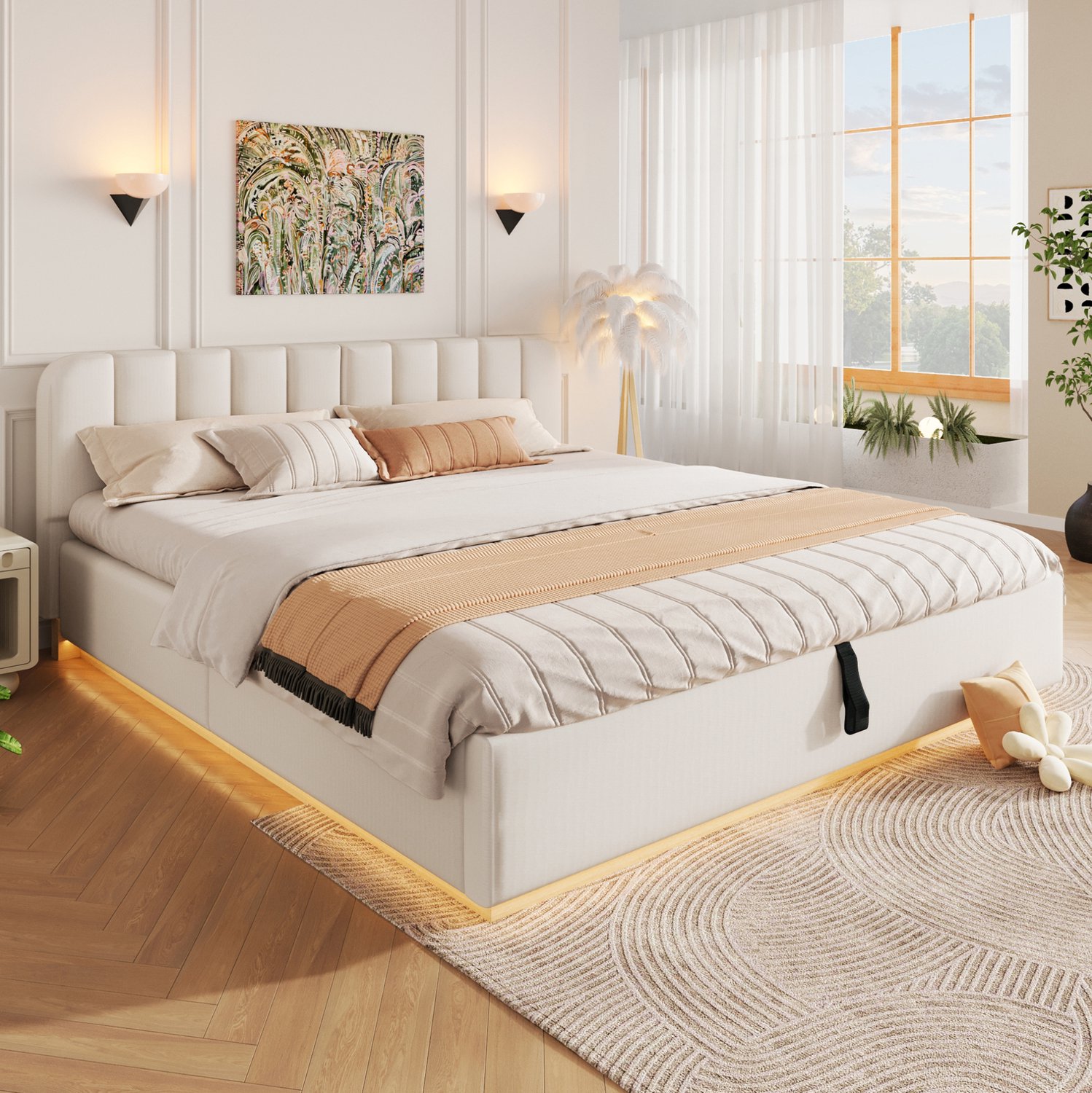 COVREO Tweepersoonsbed met opbergruimte – 180x200 cm – Bedframe met led en lattenbodem – voor slaapkamer – Beige - zonder matras