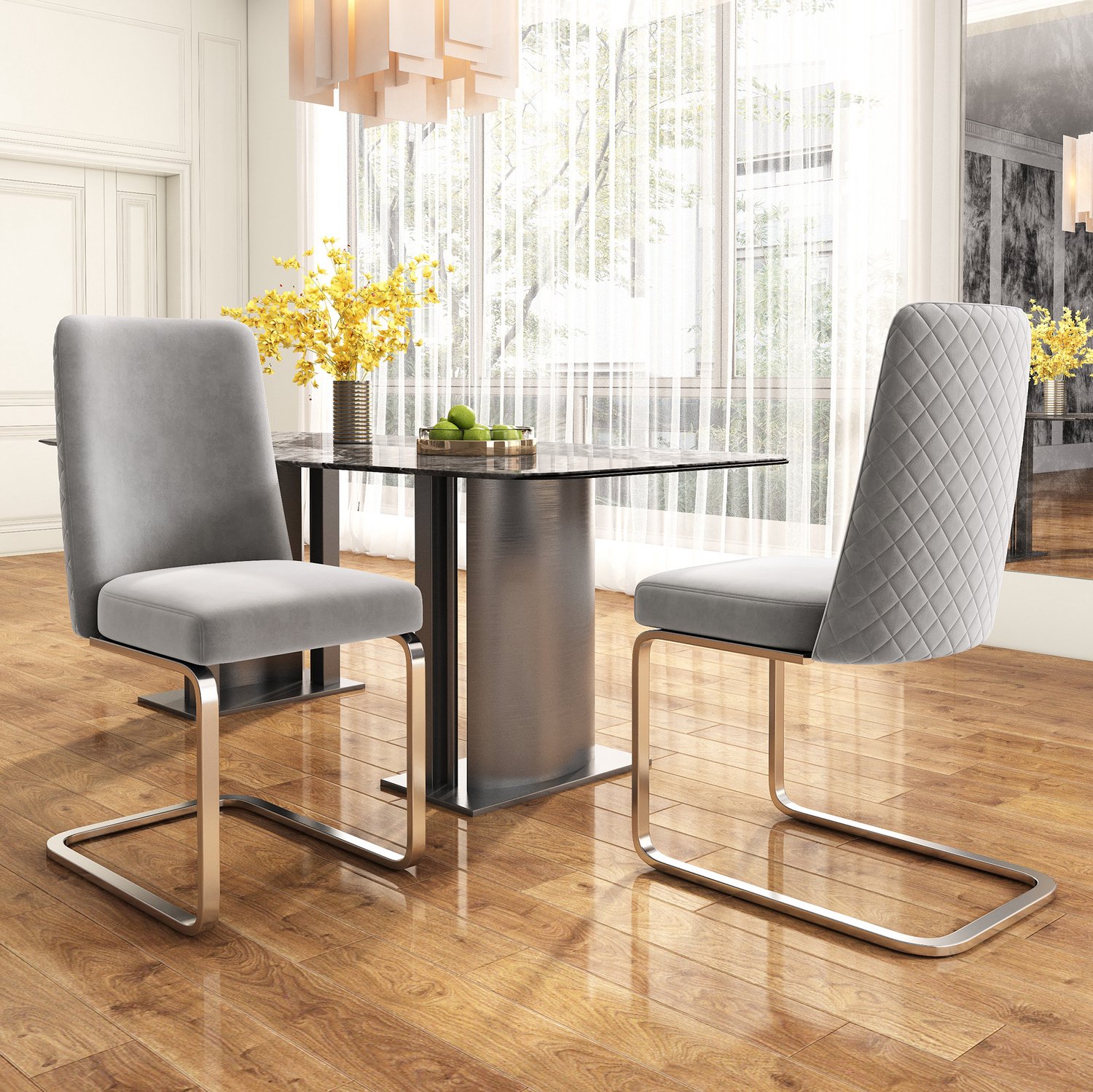 Maisentiel Velvet eetkamerstoel 2 stuks – 88 cm – metalen poten – grijs/zilver