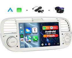 Boscer Autoradio - Geschikt voor Fiat 500 2007-2015 - Android 13 - Apple Carplay & Android Auto (Draadloos) - 2+32GB - 7 Inch HD Touchscreen - GPS Navigatiesysteem - Wit - Achteruitrijcamera & Microfoon