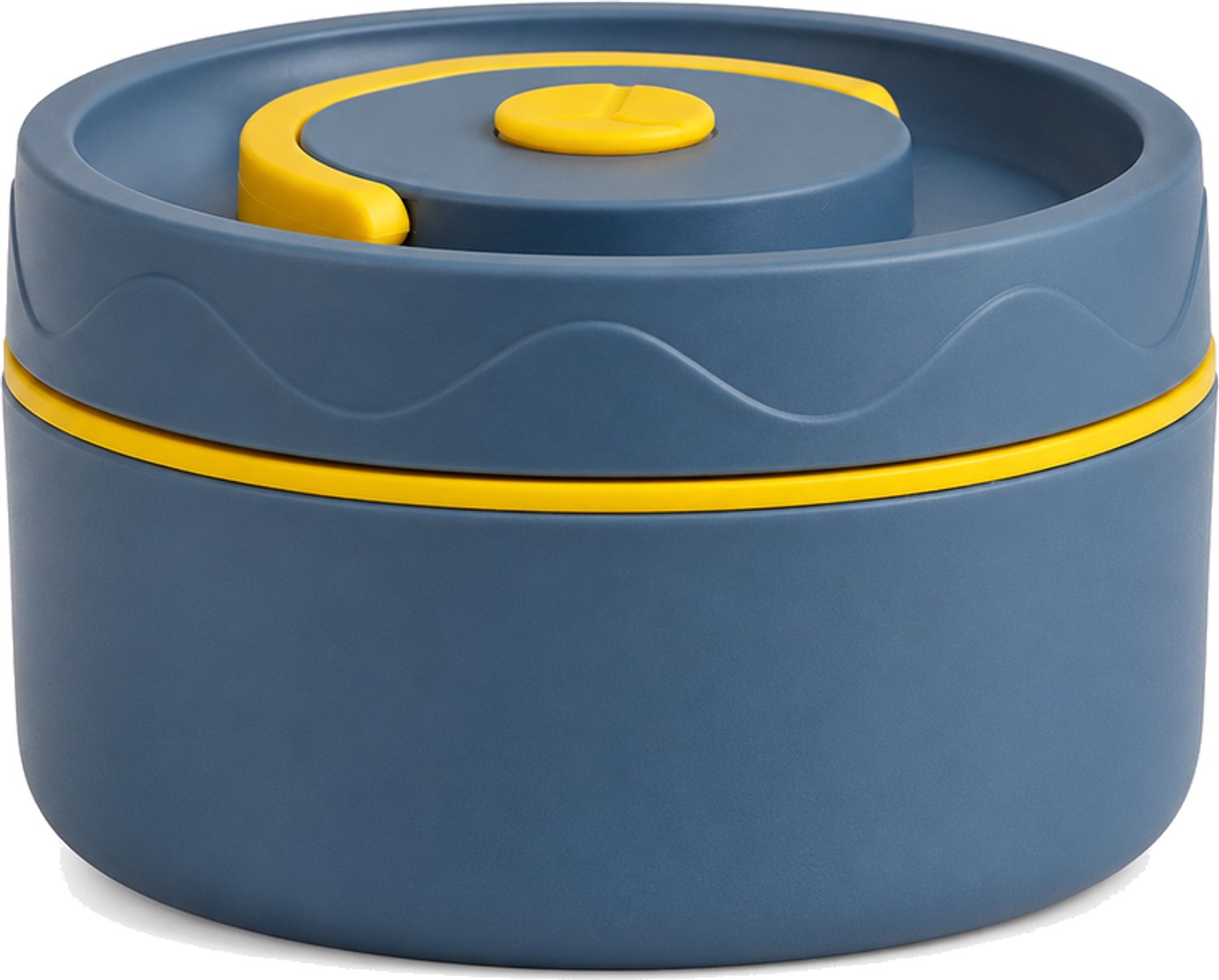 Broodtrommel 440 ml, rond model met deksel, voor magnetrongebruik, 11,5 x 6,5 cm, blauw met gele details, 1 stuk