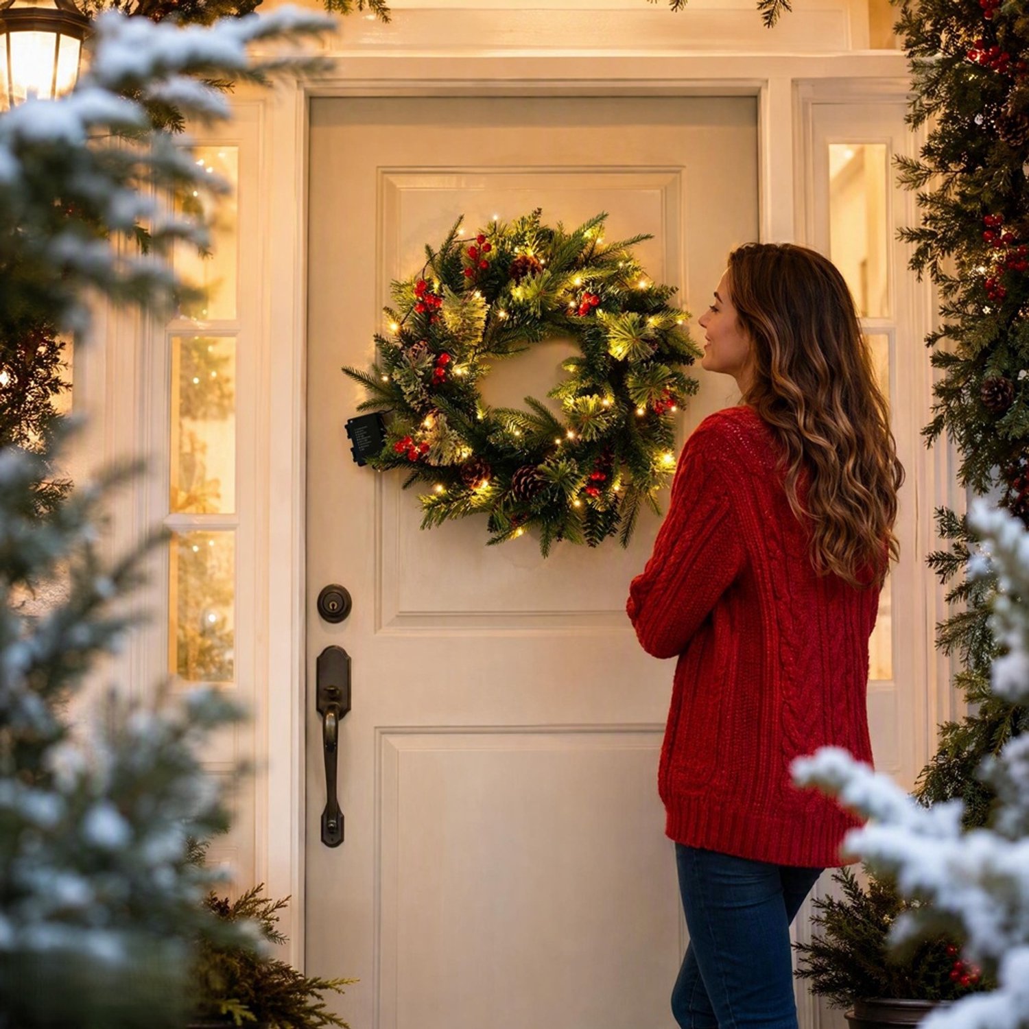 Premium Kerstkrans 40 cm met LED Verlichting – Kunstkerstkrans met Rode Bessen en Dennenappels – Kerstdecoratie voor Deur, Raam en Muur – 8 Lichtstanden – foto 5