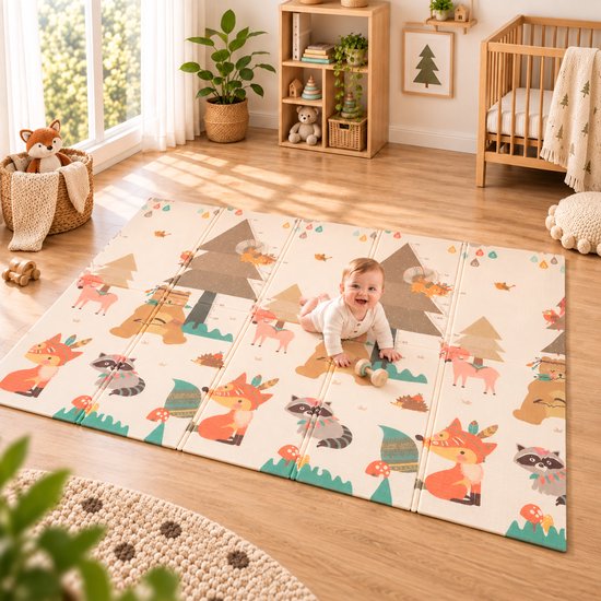 Baby speelt op een uitgevouwen beige speelmat met bosdieren en meetlat-bomen in een lichte kinderkamer.