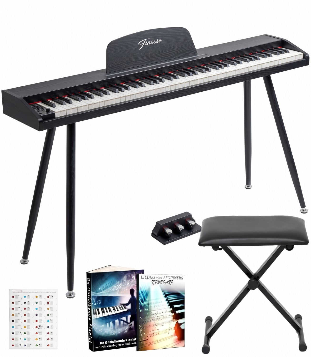 Finesse Digitale Piano - 88 Gewogen Toetsen - met Pedalen & Kruk - Keyboard Piano - Elektrische Piano - Volwassene & Kind - Zwart