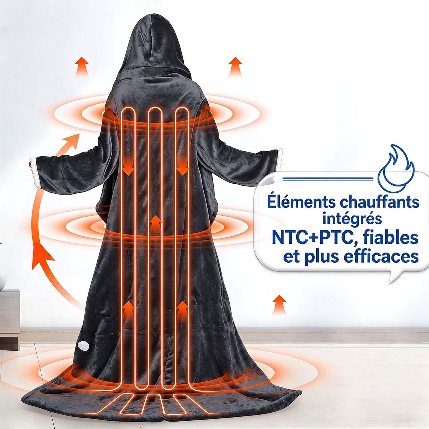Elektrische Deken - 180x130cm - 38-50°C - 6 Standen - 10 Timers - Oplaadbare elektrische deken - 1 Persoons Bovendeken - Warmtedeken Met mouwen en capuchon - Verwarmde deken - Bovendeken - Fleece - Voor Thuis & Kantoor - Grijs – foto 4