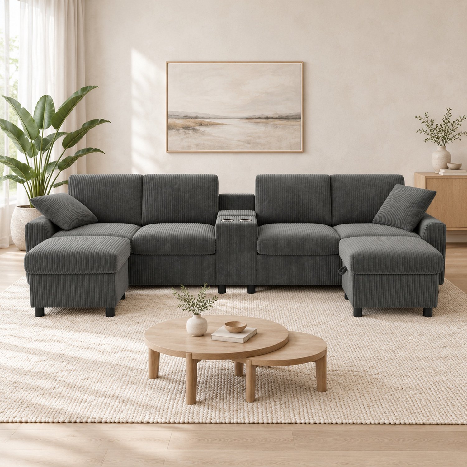 WUVRIE U-bank 315x135x81 cm - 2 opberghockers en tafel met aansluitingen - Grijs