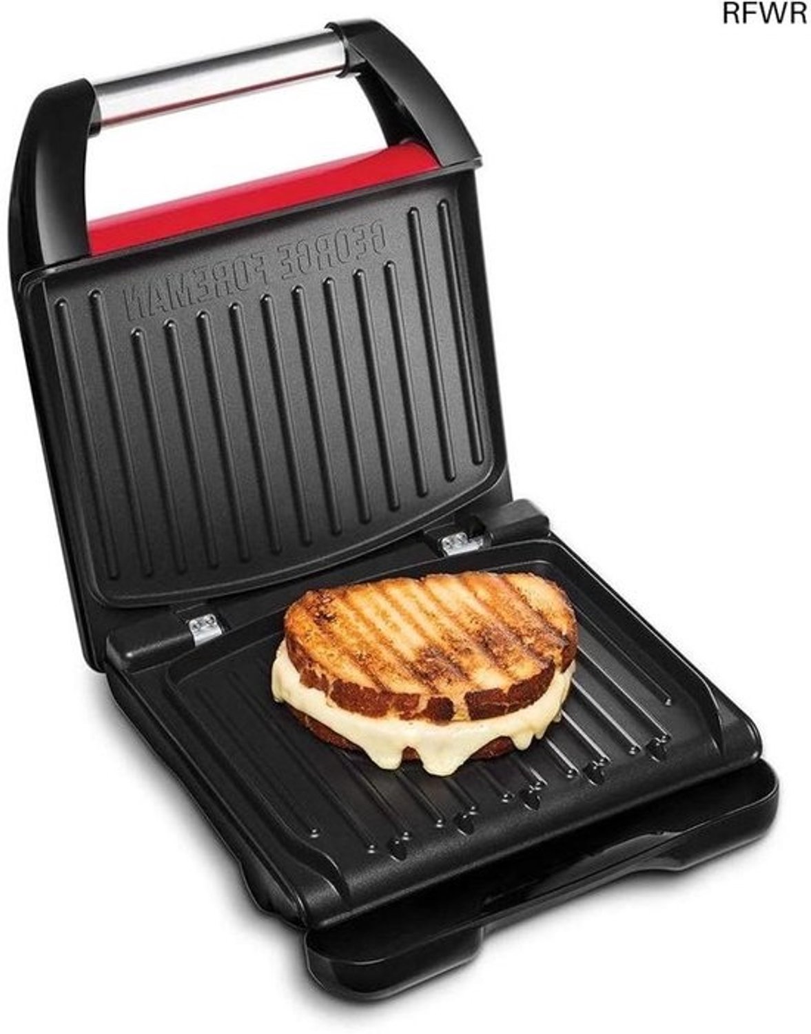 George Foreman compacte stalen grill in rood, voor 3 porties, geborsteld roestvrij staal, snel, rechtop op te bergen, verstelbare poot, flexibel scharnier, 25030-56