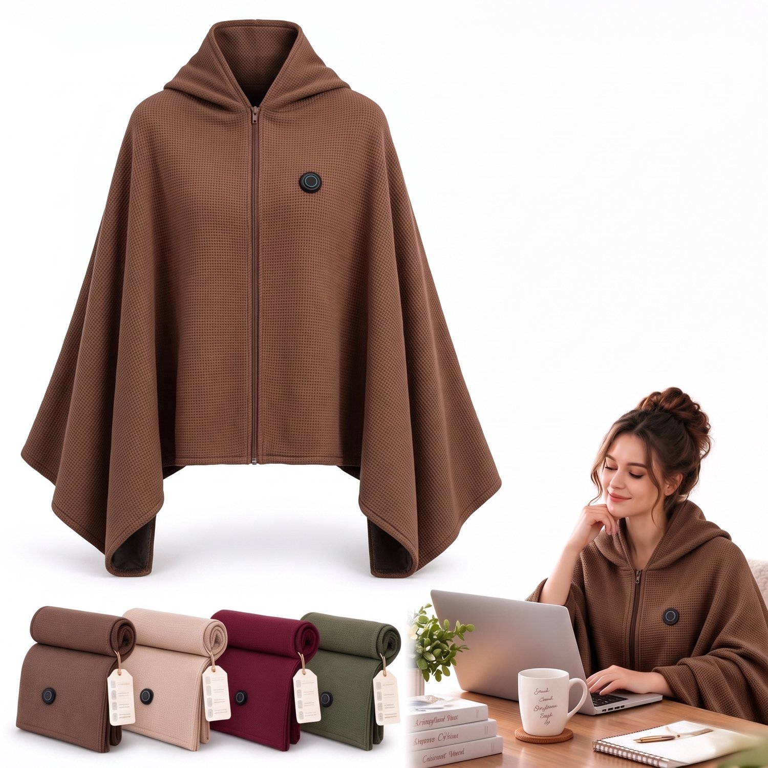 Elektrische deken - 150x80cm - Elektrische Cape met Rits - 8 Zones - 35-55°C - 3 Standen - Hoodie Deken - USB (Excl. Powerbank) - Voor Thuiswerken & Bank - Bruin