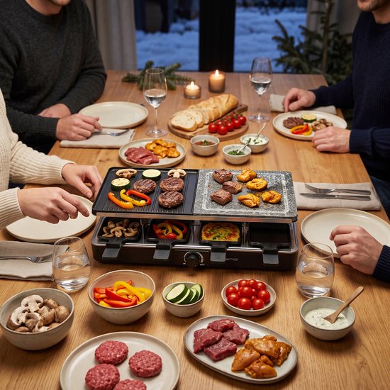 Emerio Gourmet-Steengrill - Raclettegrill - 1400W - 8 Personen - Indicatielampje - Regelbare thermostaat - Half Steengrill/Half Grillplaat - Incl. 8 Houten Spatels + Pannetjes - RG-110035 Zwart — afbeelding 3