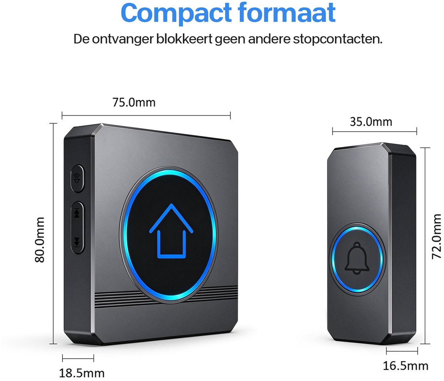 Draadloze deurbel met ontvanger, 60 melodieën, 5 volumeniveaus, LED-indicator en IP55