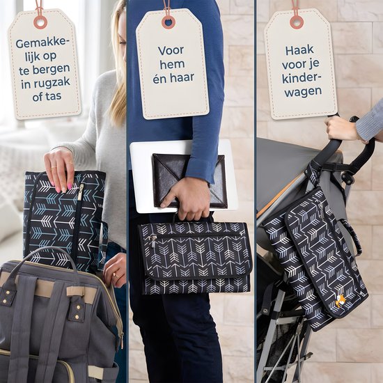 Verschoonmatje voor onderweg - opvouwbaar& Waterbestendig - eenhands te openen - 59,69 x 34,29 cm - Compact Reisverschoonmatje - Onderweg verschonen - hoofdkussen en opbergvakken - Oxfordstof - zwart-wit pijlenpatroon- Perfect Kraamcadeau — afbeelding 3