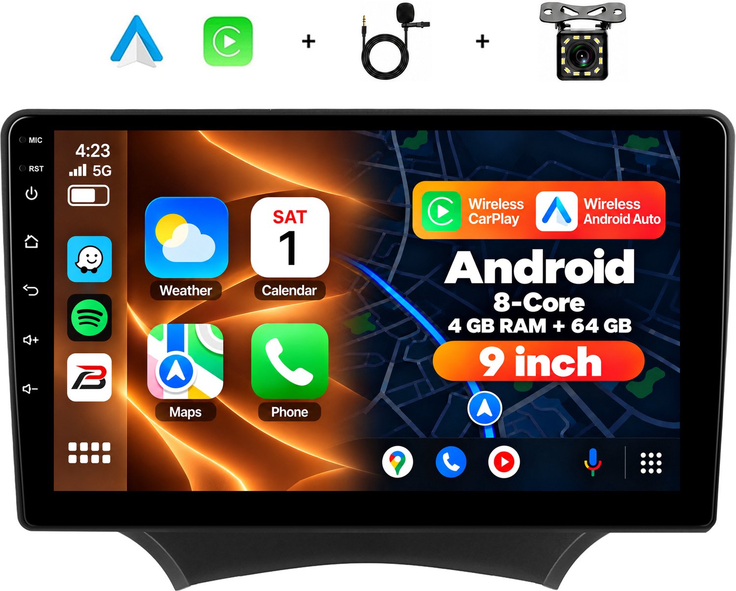 Boscer 2 Din Autoradio - Geschikt voor Ford Ka (2008-2014) - Draadloos Apple CarPlay & Android Auto - 8-Core Snapdragon - 9 Inch HD Touchscreen - Android 15 - 4+64GB - Interne Koeling - WiFi & Bluetooth - Camera & Microfoon
