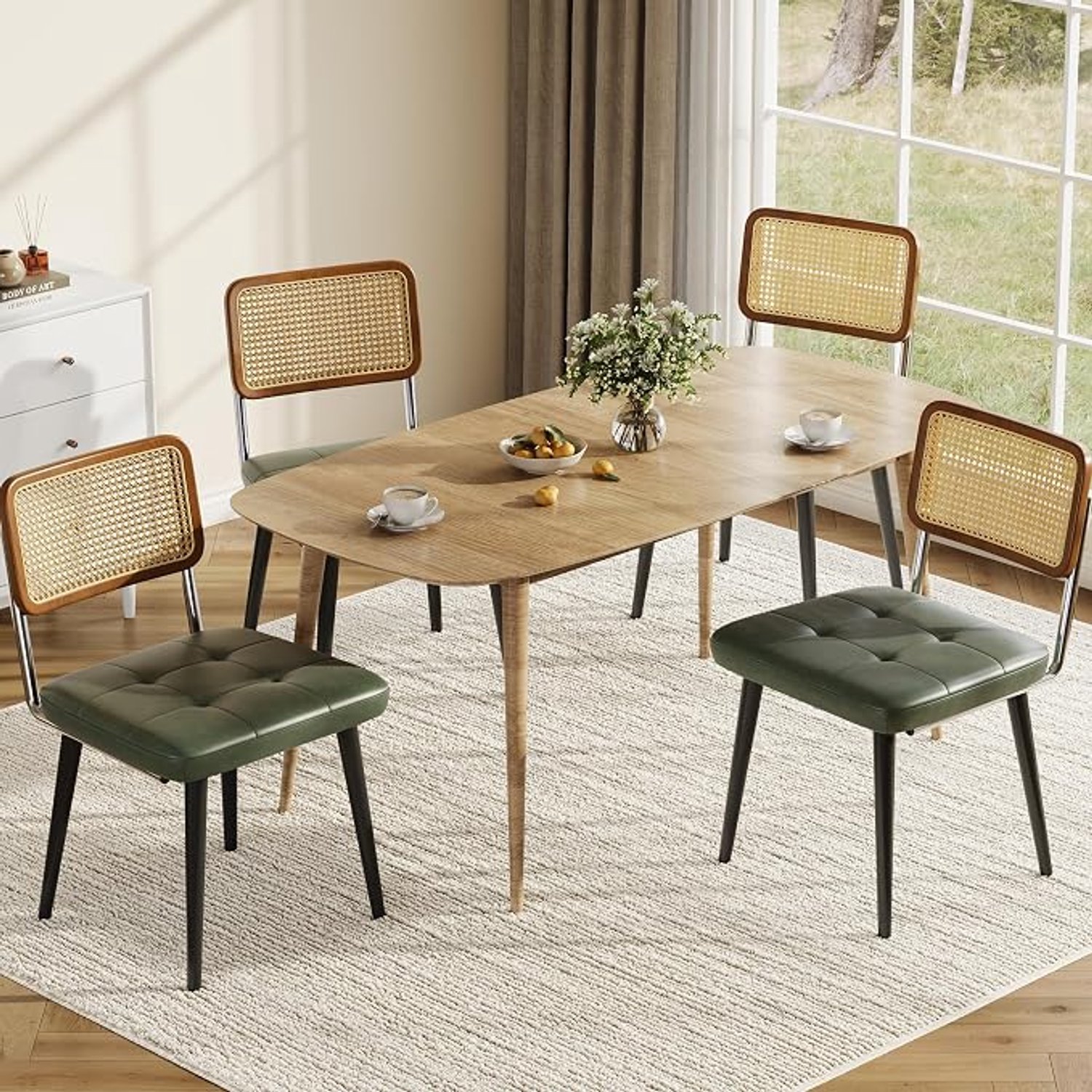 Set van 4 eetkamerstoelen met rotan rugleuning - donkergroen PU-leer - zonder armleuningen voor keuken en restaurant
