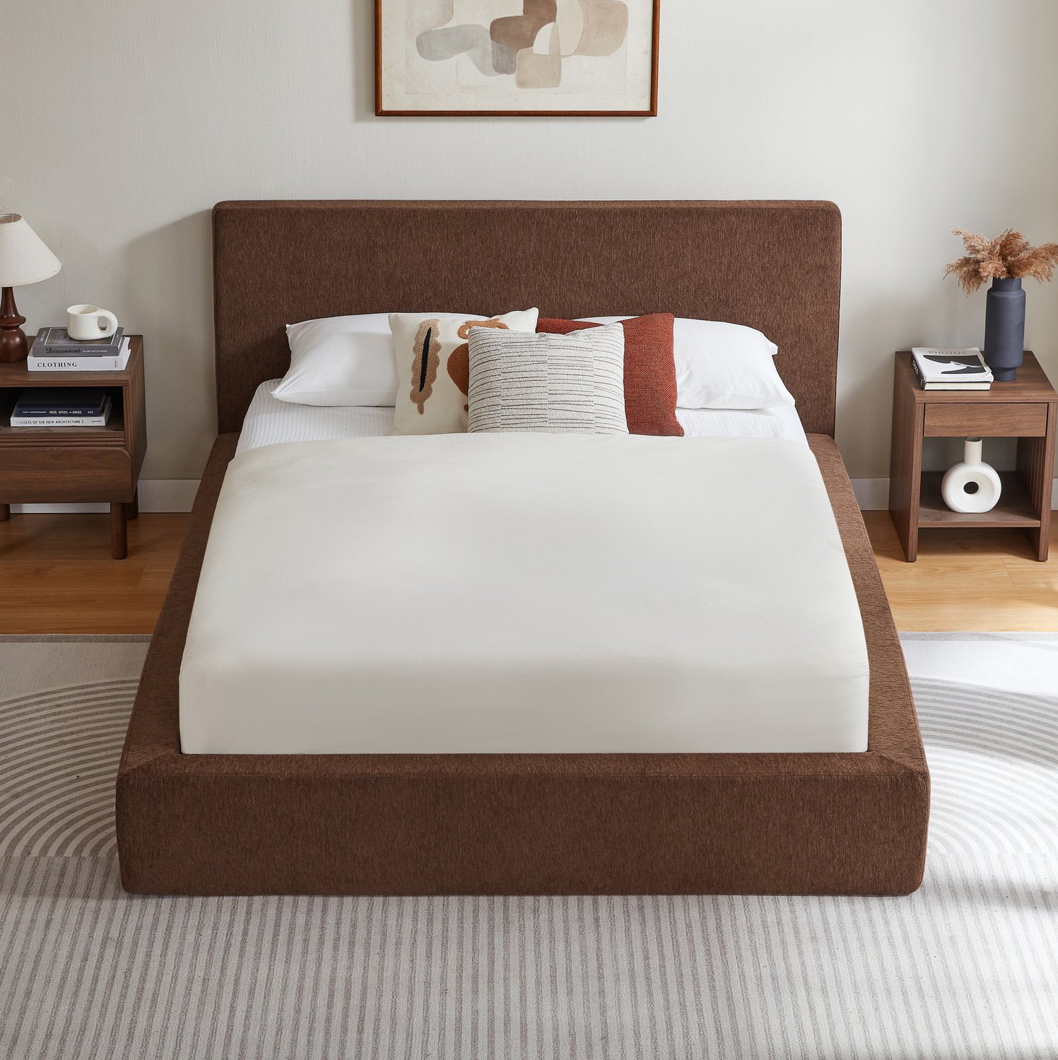 COVREO Bedframe met hoofdbord – 140x200 cm – Tweepersoonsbed met stalen frame – voor volwassenen – Bruin - zonder matras