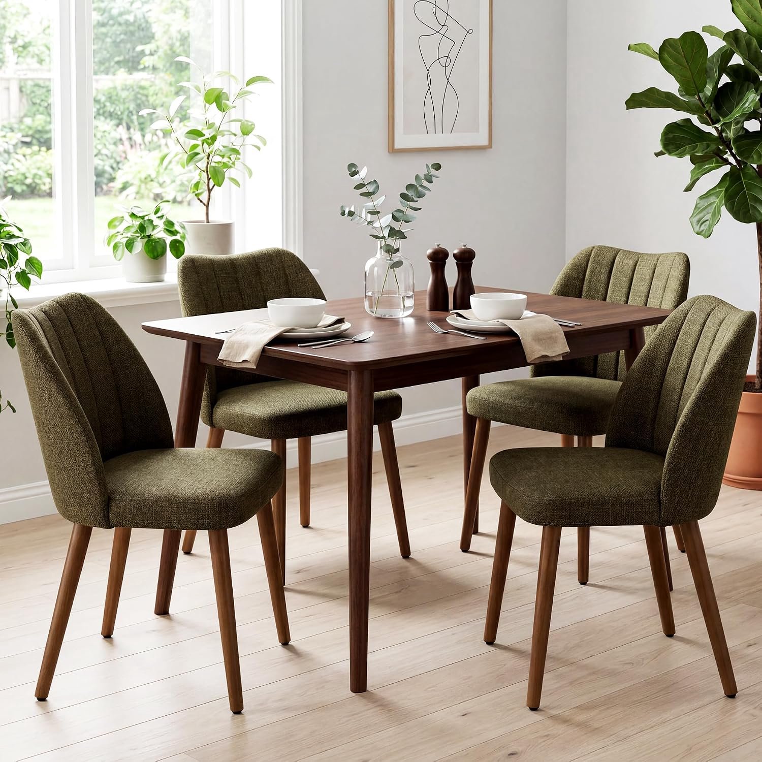 Set van 4 Groene Eetkamerstoelen met Linnen Bekleding en Houten Poten – Moderne Scandinavische Keukenstoelen met Ergonomische Rugleuning en Comfortabele Zitting – 51 x 47 x 76 cm