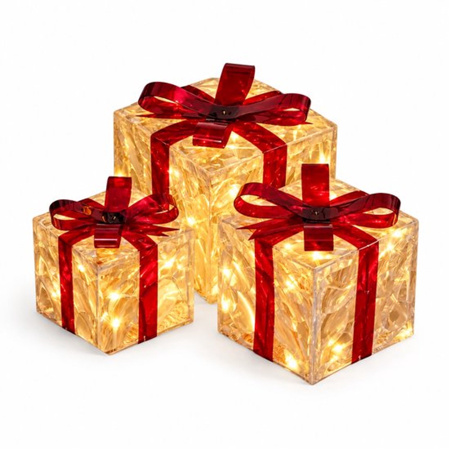 Kerstverlichting - Cadeaudoos - Set van Drie - Kerstdecoratie - Binnen & Buiten - Warm Wit Led - Rode Strik - Batterij - USB