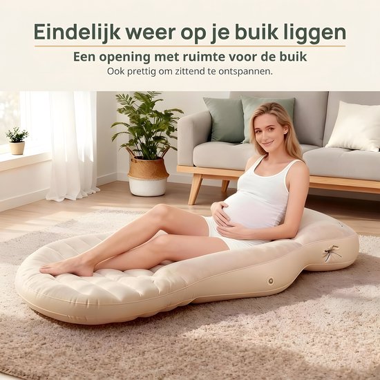 Opblaasbaar Zwangerschapskussen - Buikligkussen voor Zwangeren - Opblaasbaar Buikkussen - PVC Zwangerschapsmatras met Pomp - Ondersteunend Full Body Kussen voor Zwangere Vrouwen - 165 x 70 x 25 cm - Kaki — afbeelding 3