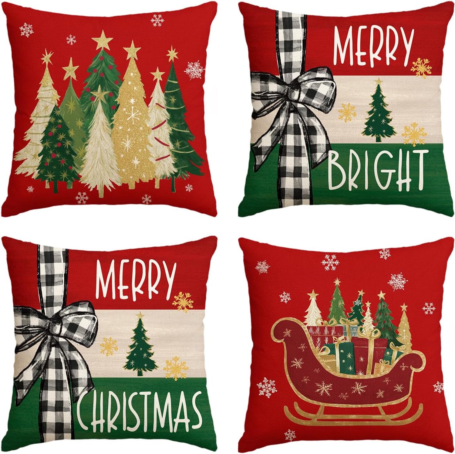 Set van 4 - Kerst kussensloop - Kussenhoes - Kerstkussenslopen - 45 x 45 cm - Kerst decoratie - Kussenhoesjes - Winter vakantie kerstdecoratie - Thuis bank kussen - Binnen decoraties - Voor decoratie Kerstmis, bank, slaapkamer - Linnen - Rood