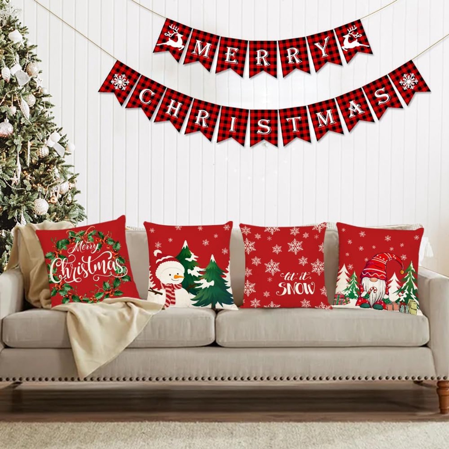 Set van 4 - Kerst kussensloop - Kussenhoes - Kerstkussenslopen - 45 x 45 cm - Kerst decoratie - Kussenhoesjes - Winter vakantie kerstdecoratie - Thuis bank kussen - Binnen decoraties - Voor decoratie Kerstmis, bank, slaapkamer - Linnen - Rood – foto 5