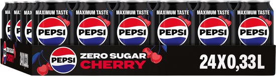 Tray met 24 blikjes Pepsi Zero Sugar Cherry, elk 330ml met rode kersen en het iconische Pepsi-logo.