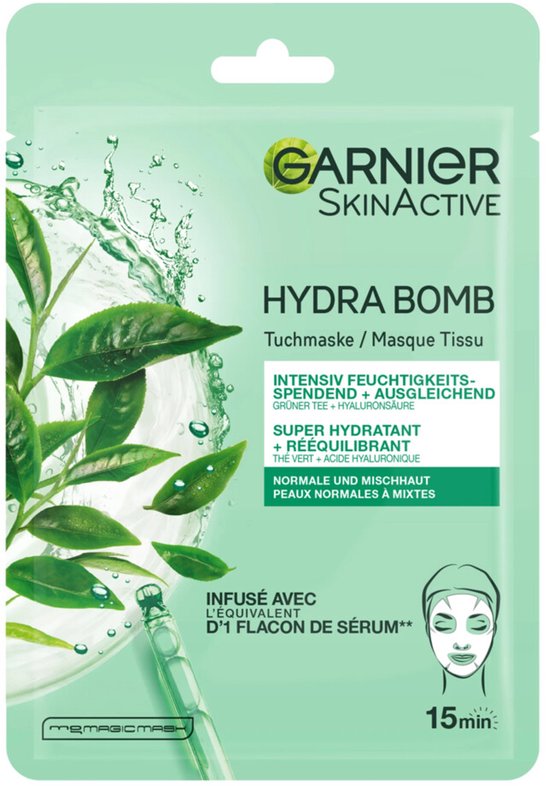 Garnier SkinActive Hydra Bomb stoffen gezichtsmasker met groene thee en hyaluronzuur voor een normale tot gemengde huid.