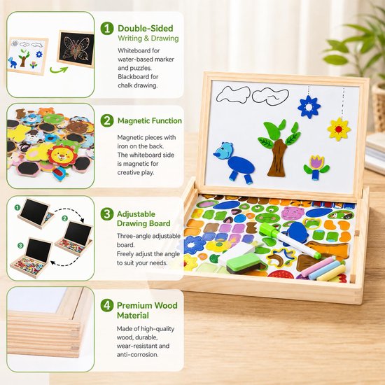 Magnetische Houten Puzzel - Houten Speelgoed Met Dubbelzijdig Bord - Pedagogische Leerpuzzel - Kan Op De Koelkast Plakken — afbeelding 3