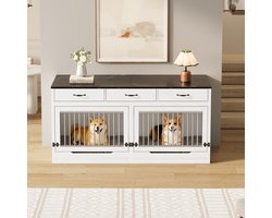 Hondenbench / Hondenbench meubel 164x60x81 cm – 3 Lades, Inklapbaar Werkblad, Voor 2 Honden – MDF/Metal / White/Black