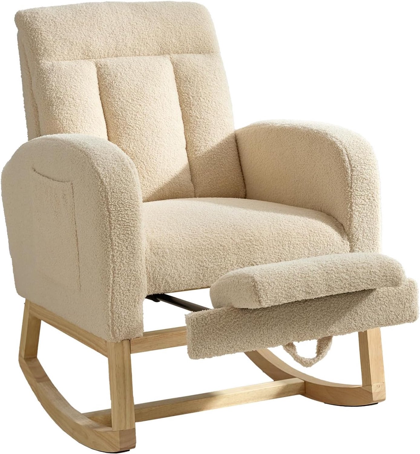 Moderne schommelstoel – Verstelbare voetsteun – Gezellige fauteuil met hoge rugleuning – Onderstel van massief hout – Zijvak – Beige