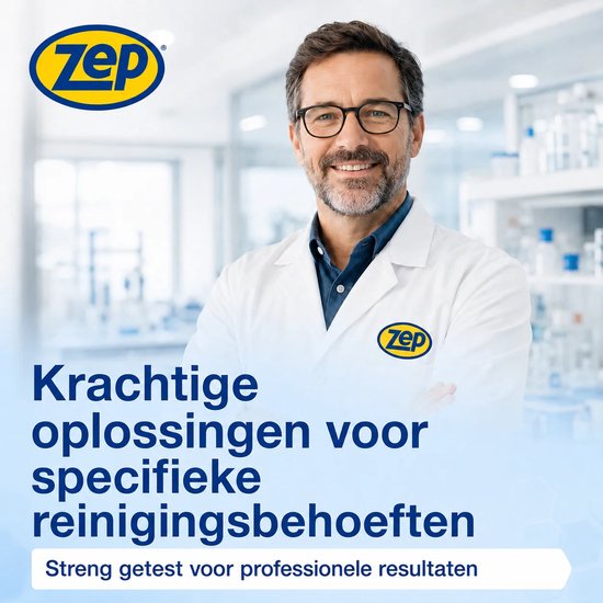 Man in laboratoriumjas met Zep logo. "Krachtige oplossingen voor specifieke reinigingsbehoeften".