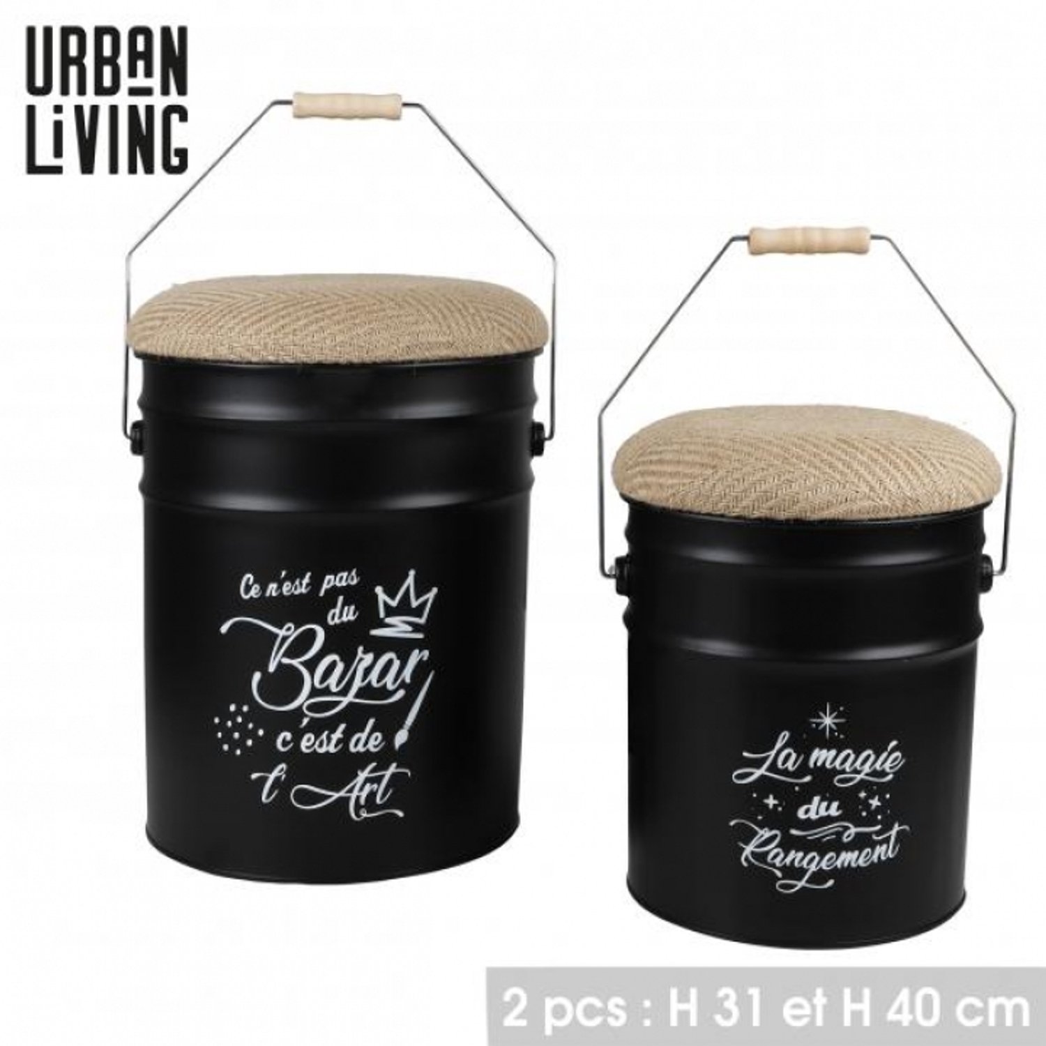 Urban Living "LOFT & METAL" VATPOEFS MET JUTEN ZITTING EN HOUTEN HANDGREEP - SET VAN 2 - H31 CM & H40 CM black