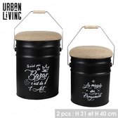 "LOFT & METAL" VATPOEFS MET JUTEN ZITTING EN HOUTEN HANDGREEP - SET VAN 2 - H31 CM & H40 CM