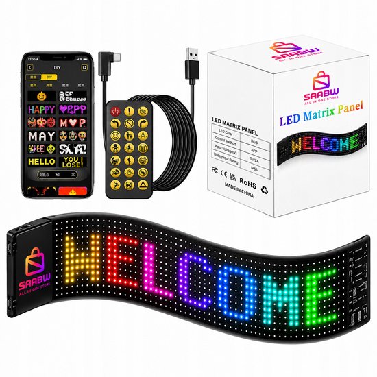 SAABW led-matrixset met paneel, smartphone-app, afstandsbediening en productverpakking.