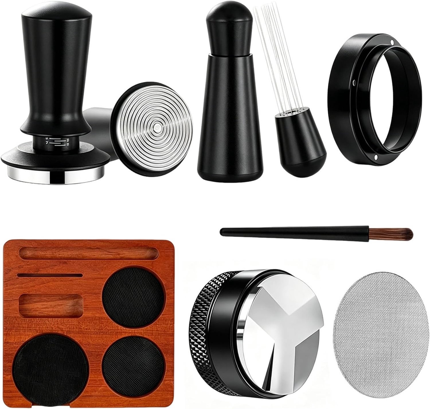 Espresso Accessoireset 7-delig - Tamper 51 mm met Veermechanisme - WDT-tool - Houten Tampstation - Koffieverdeler, Doseertrechter, Puckscreen en Borstel