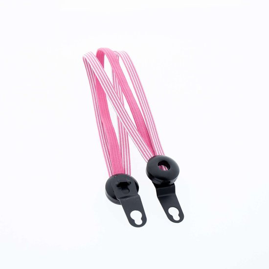 Roze elastische Widek snelbinder met witte strepen en twee zwarte kunststof bevestigingshaken.