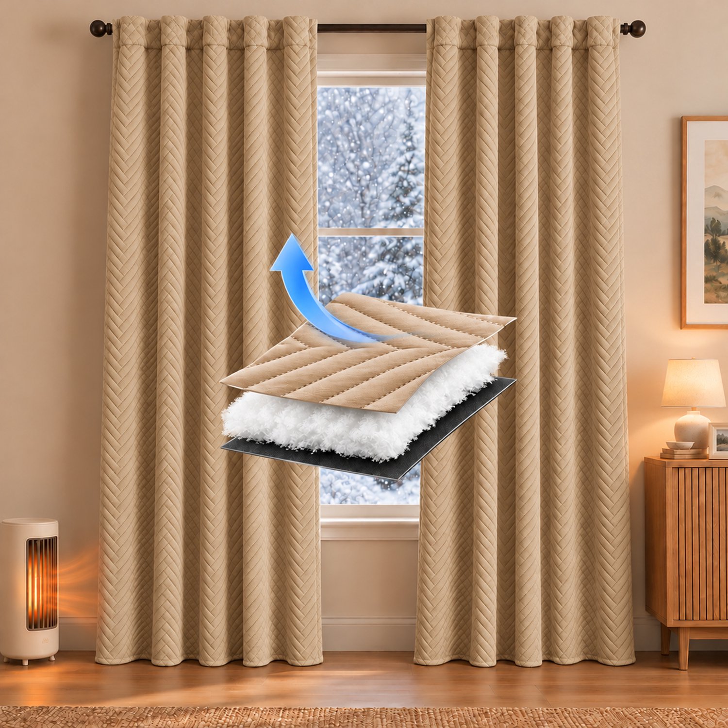 Qelus Thermisch Gewatteerd Gordijn - Isolerend Polyester Gordijnpaneel - Beige - 140 x 245 cm - 1 Stuk - Met Multifunctionele Plooiband en Koord - Voor Woonkamer en Slaapkamer - Raamdecoratie Binnen