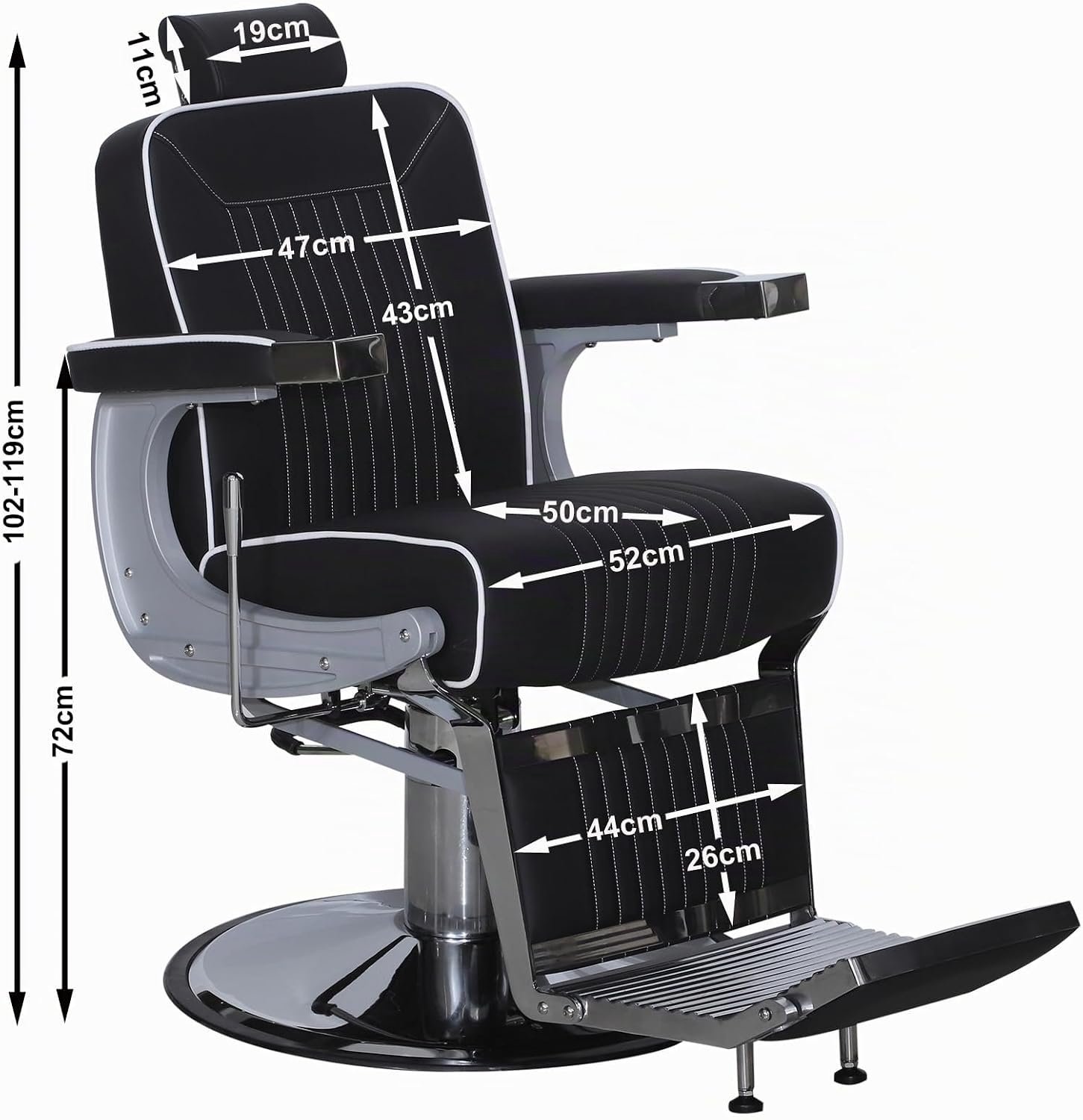 Professionele Kappersstoel Luxe Barberstoel Zilver-Zwart met Hydraulische Hoogteverstelling, 360° Draaibaar, Verstelbare Rugleuning tot 140°, Verwijderbare Hoofdsteun en Aluminium Frame, 130 x 70 x 107-123 cm
