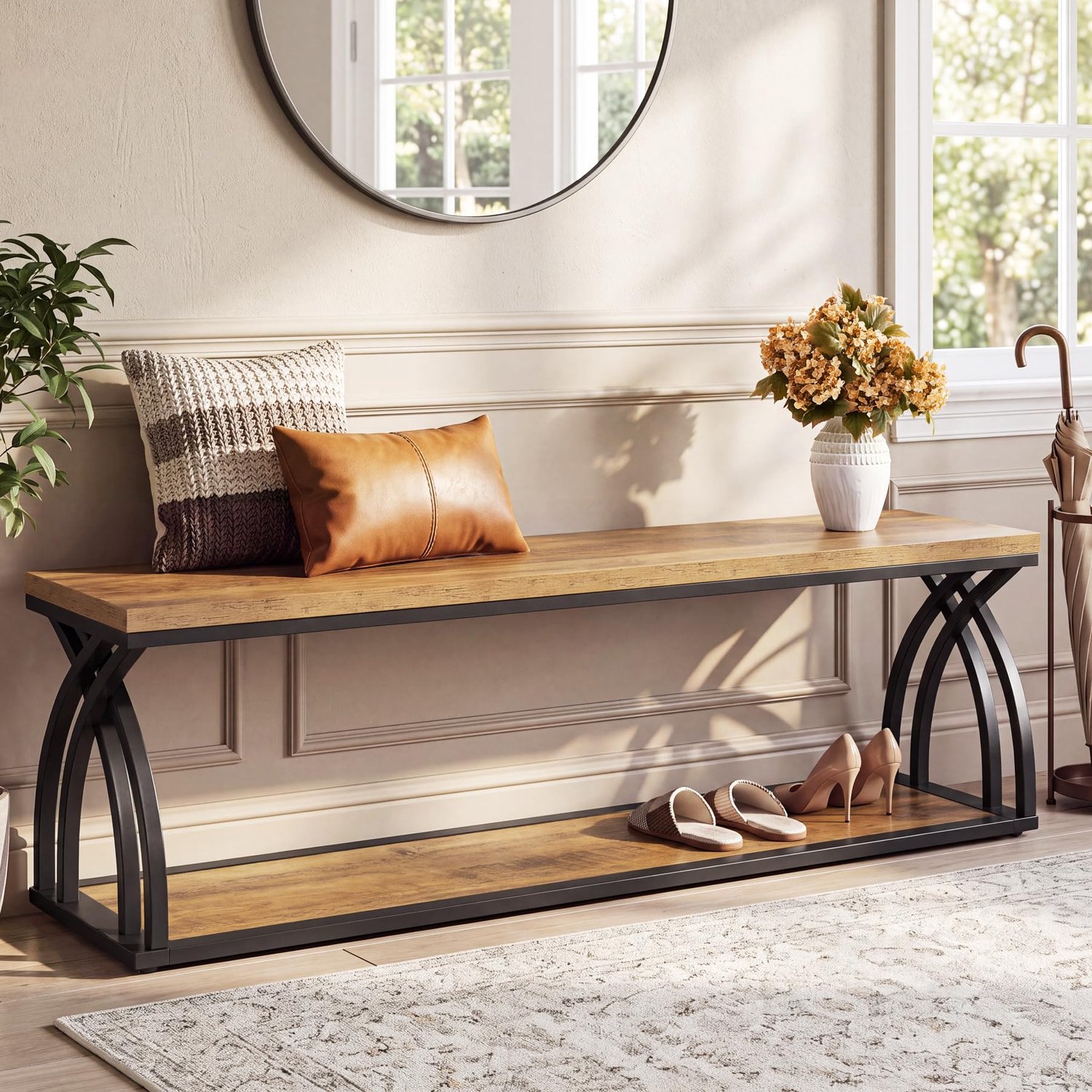 LITTLE TREE Schoenenbank Met Zitgedeelte 140cm - 2 Lagen Open Opslag - Industriële Stijl - Hout En Metaal - Voor Hal, Woonkamer En Slaapkamer