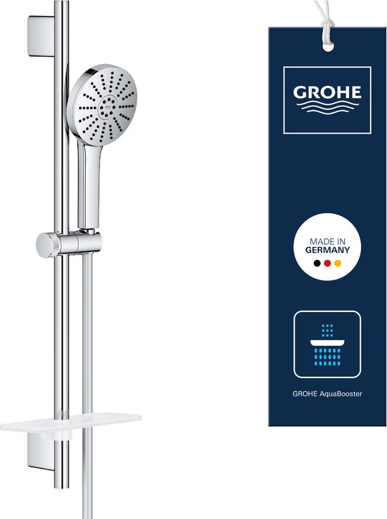 Verchroomde douchestangset met handdouche, zeepschaaltje en GROHE 'Made in Germany' label.
