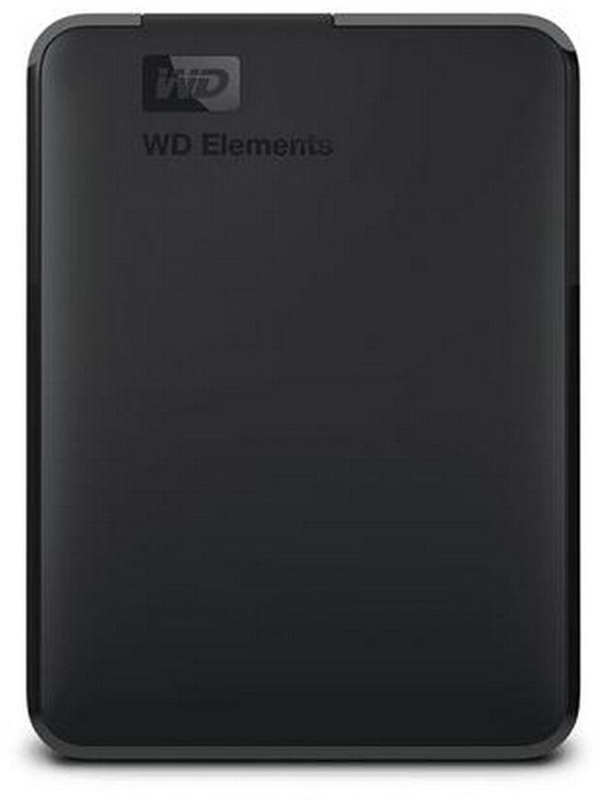 Zwarte Western Digital Elements draagbare harde schijf, minimalistisch ontwerp.