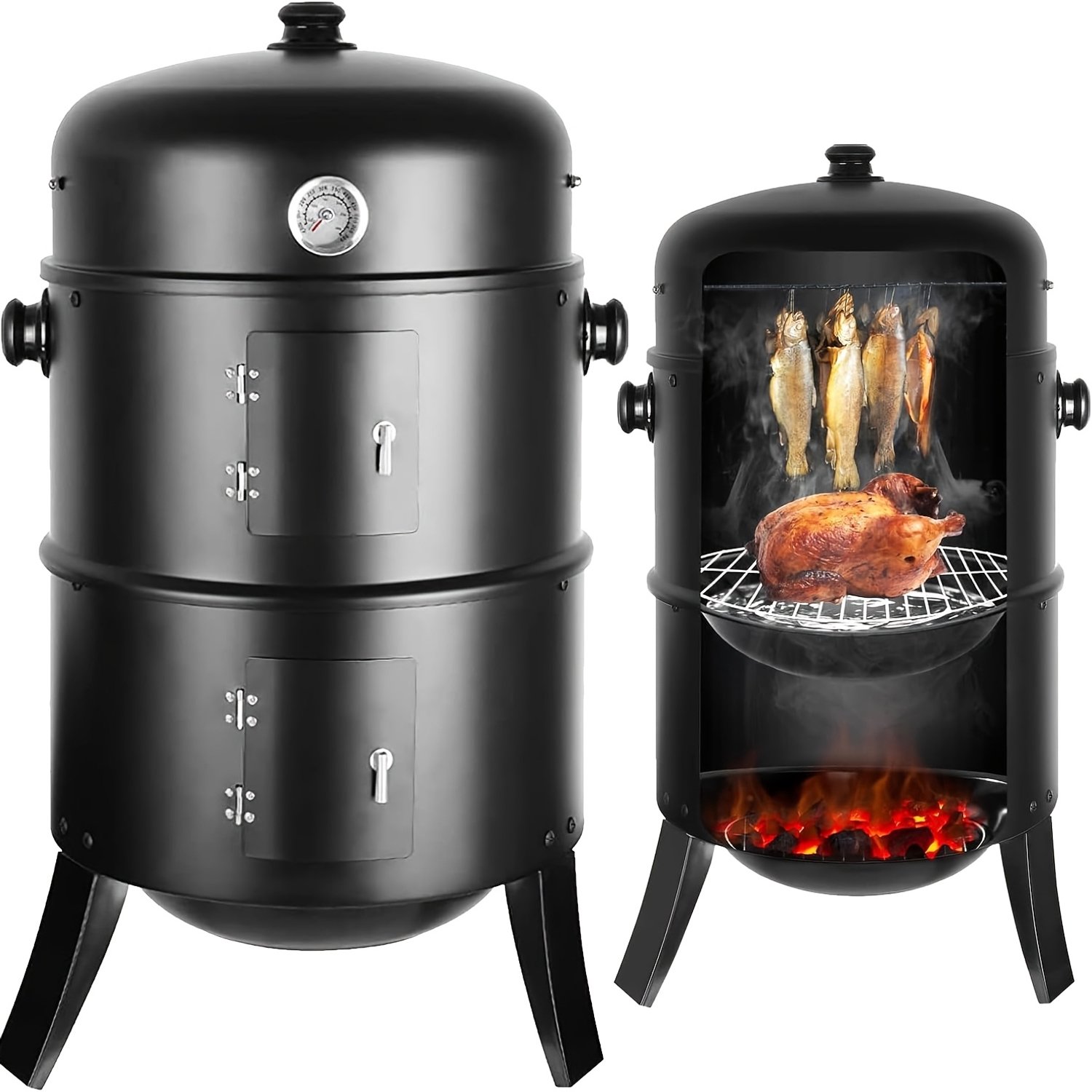 Mura Barbecue - Grill - Vuurkorf - Houtskool Bbq - Rookoven - Smoker - Inc. Waterbak - Thermometer - 2 Grillroosters - Zwart