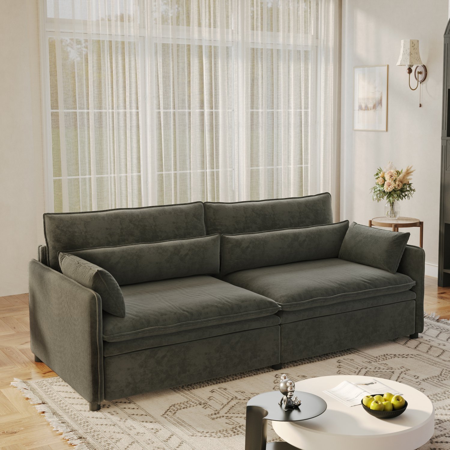 Wishdor 3-zits slaapbank - 3-in-1 uitschuifbaar ontwerp - Verborgen opbergruimte en verstelbare rugleuning - Twee verplaatsbare armsteunkussens - Chenille - Donkergrijs - 206 x 91 x 86 cm